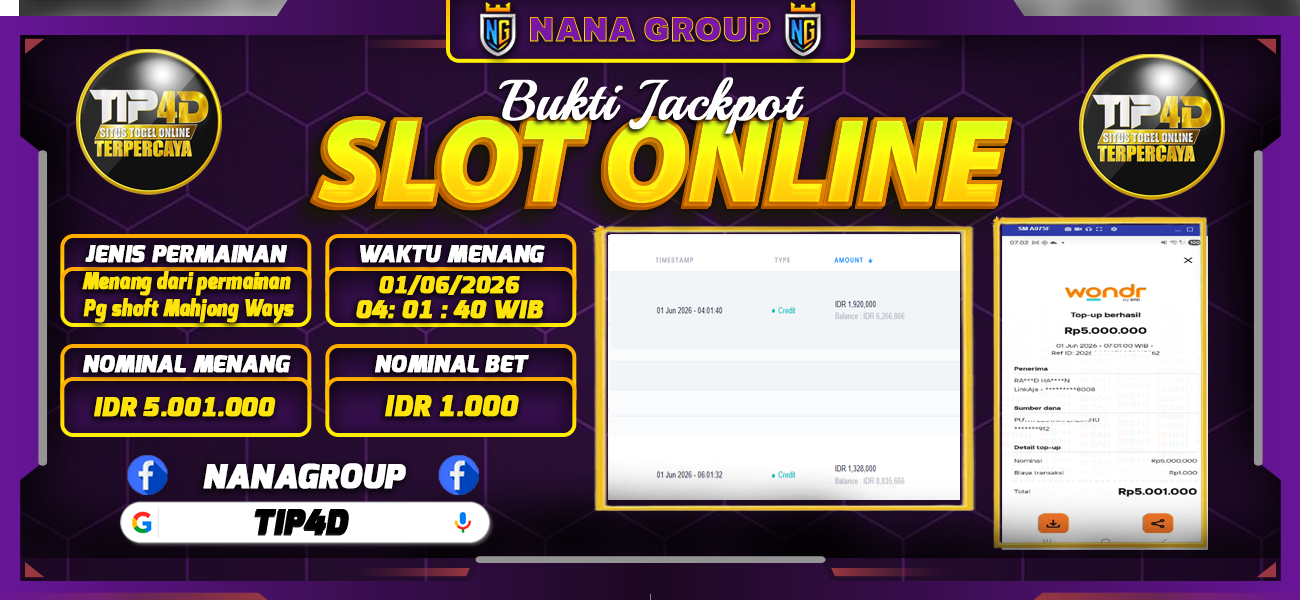 Bukti Kemenangan Besar Dibayar lunas Member TIP4D RP 5.000.000, 1 Juni 2026