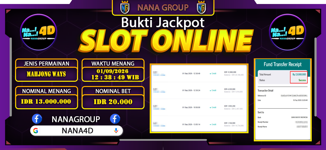 Bukti Kemenangan Besar Dibayar lunas Member NANA4D RP 13.000.000, 1 September 2026