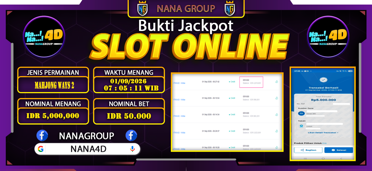 Bukti Kemenangan Besar Dibayar lunas Member NANA4D RP 5.000.000, 1 September 2026