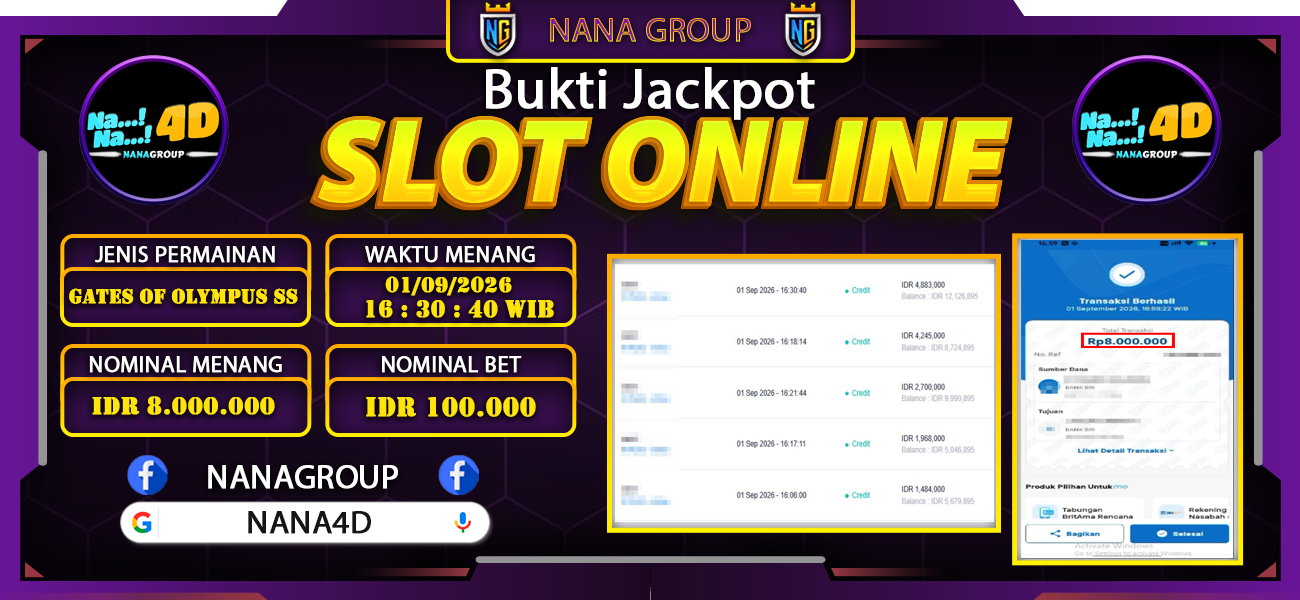 Bukti Kemenangan Besar Dibayar lunas Member NANA4D RP 8.000.000, 1 September 2026