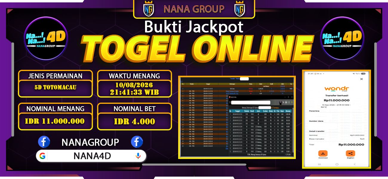 Bukti Kemenangan Besar Dibayar lunas Member NANA4D RP 11.000.000, 10 Agustus 2026