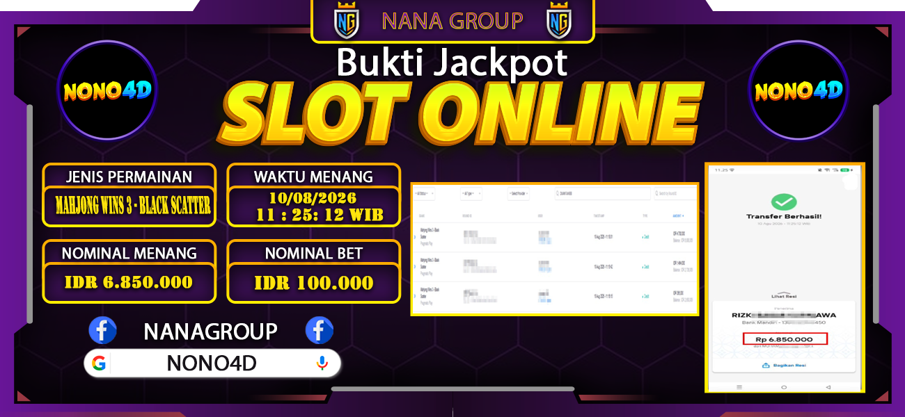 Bukti Kemenangan Besar Dibayar lunas Member NONO4D RP 6.850.000, 10 Agustus 2026