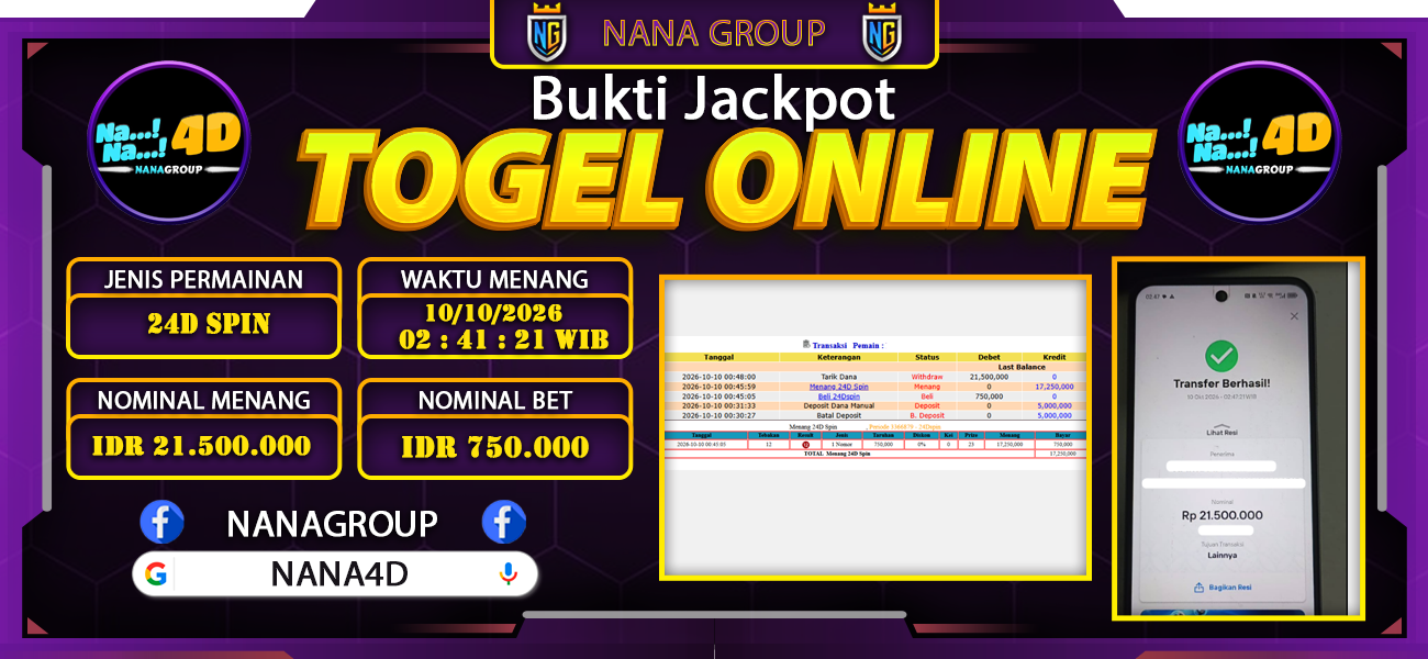 Bukti Kemenangan Besar Dibayar lunas Member NANA4D RP 21.500.000, 10 Oktober 2026