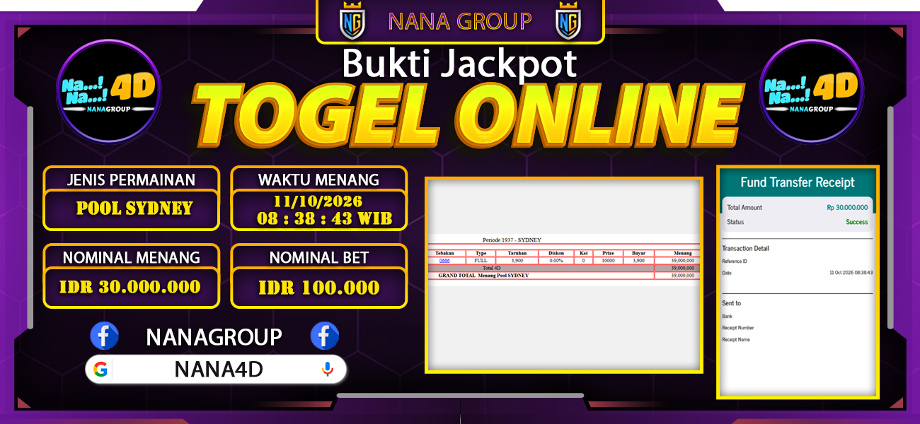 Bukti Kemenangan Besar Dibayar lunas Member NANA4D RP 30.000.000, 11 Oktober 2026