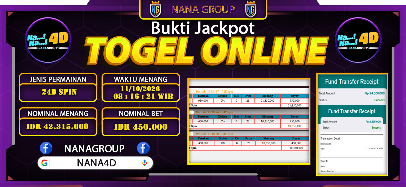 Bukti Kemenangan Besar Dibayar lunas Member NANA4D RP 42.315.000, 11 Oktober 2026