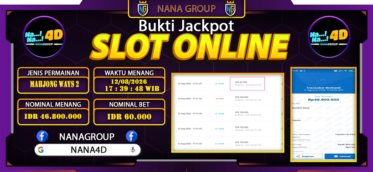 Bukti Kemenangan Besar Dibayar lunas Member NANA4D RP 46.800.000, 12 Agustus 2026