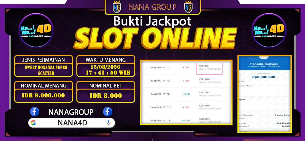 Bukti Kemenangan Besar Dibayar lunas Member NANA4D RP 9.000.000, 12 Agustus 2026