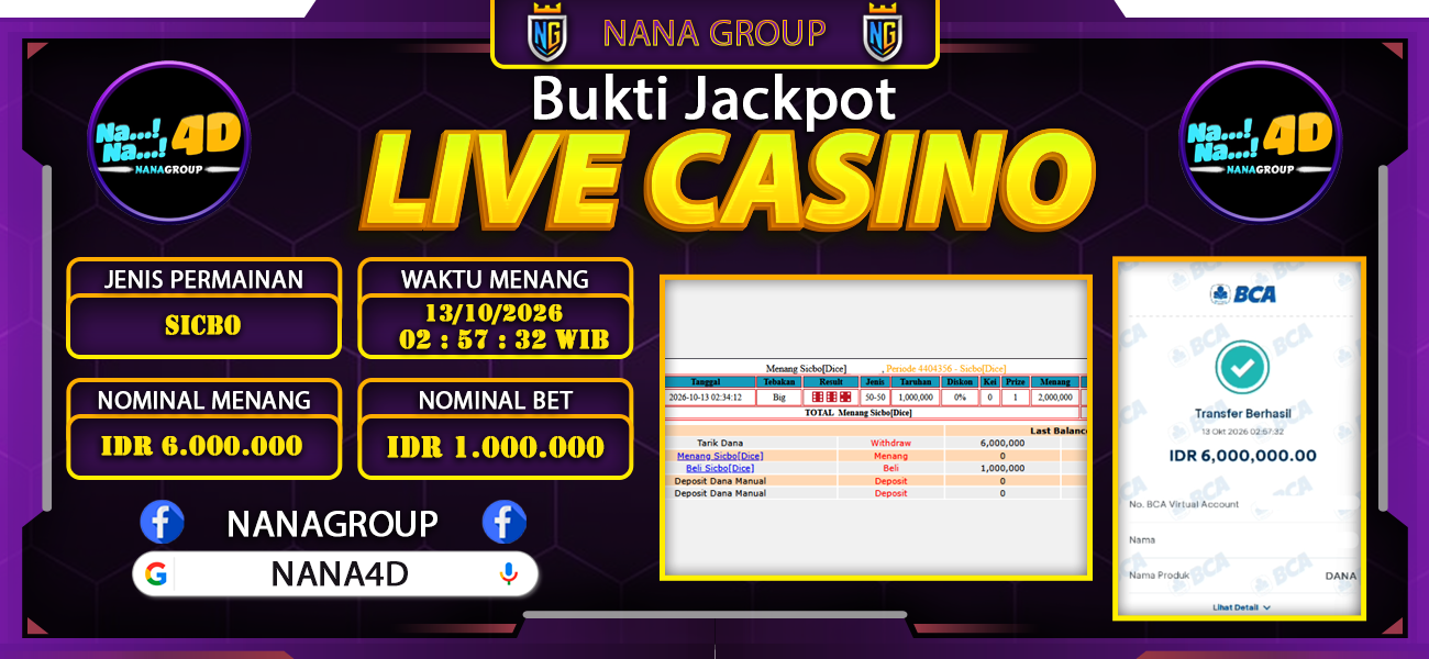Bukti Kemenangan Besar Dibayar lunas Member NANA4D RP 6.000.000, 13 Oktober 2026
