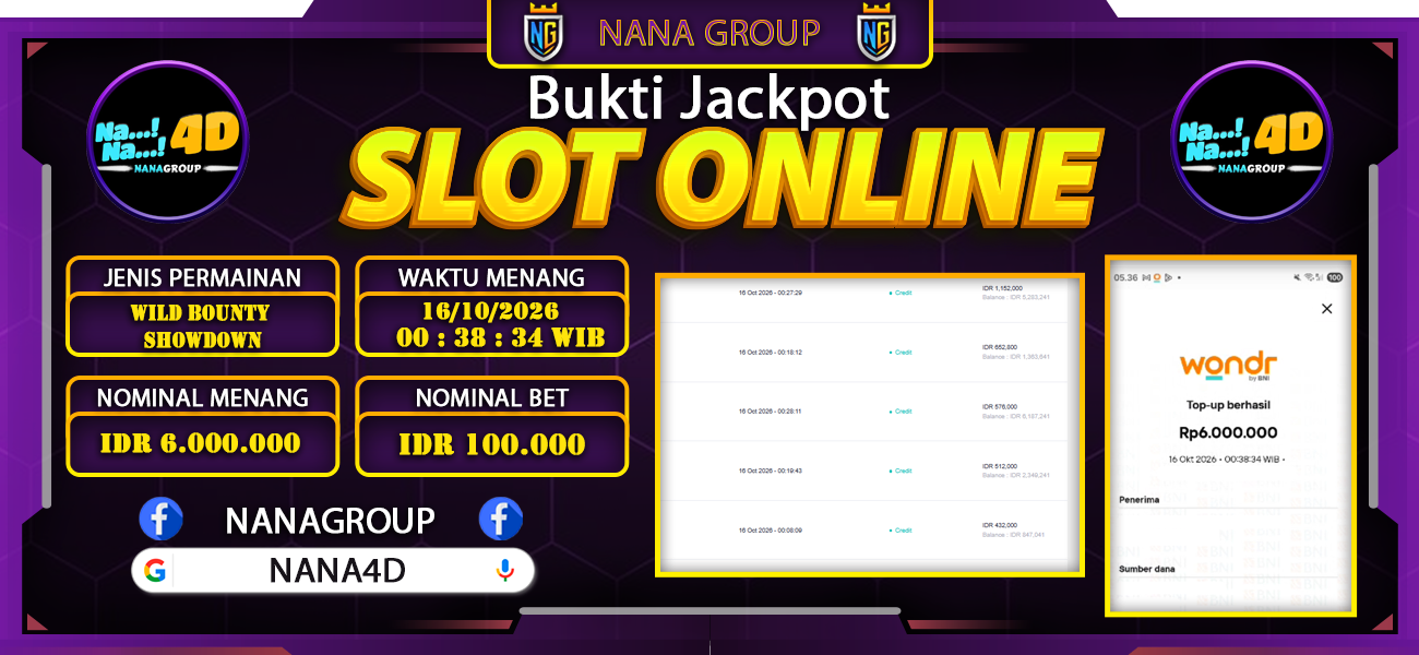 Bukti Kemenangan Besar Dibayar lunas Member NANA4D RP 6.000.000, 16 Oktober 2026