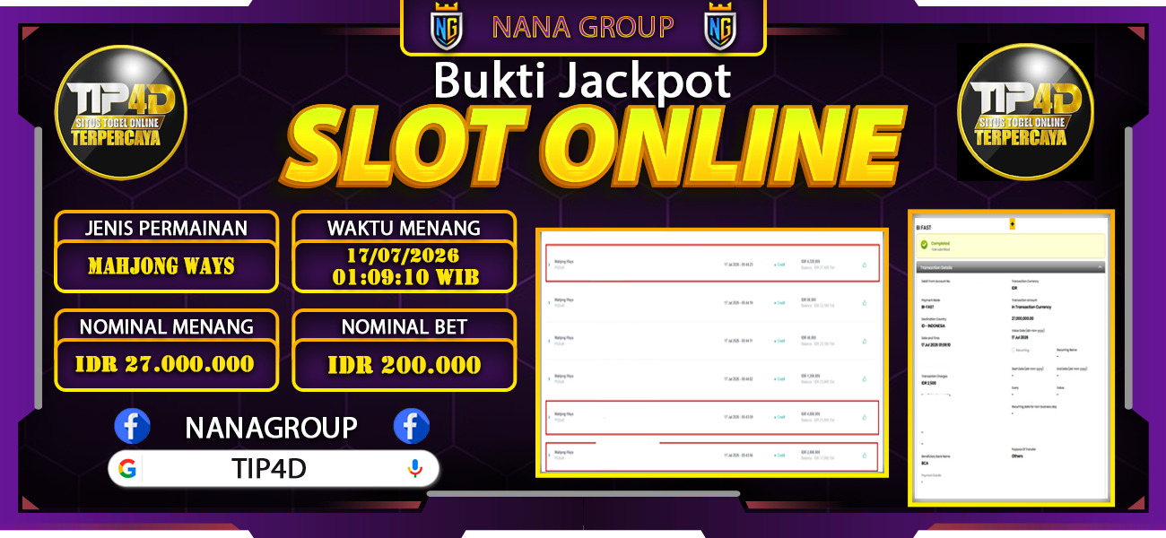 Bukti Kemenangan Besar Dibayar lunas Member TIP4D RP 27.000.000, 17 Juli 2026