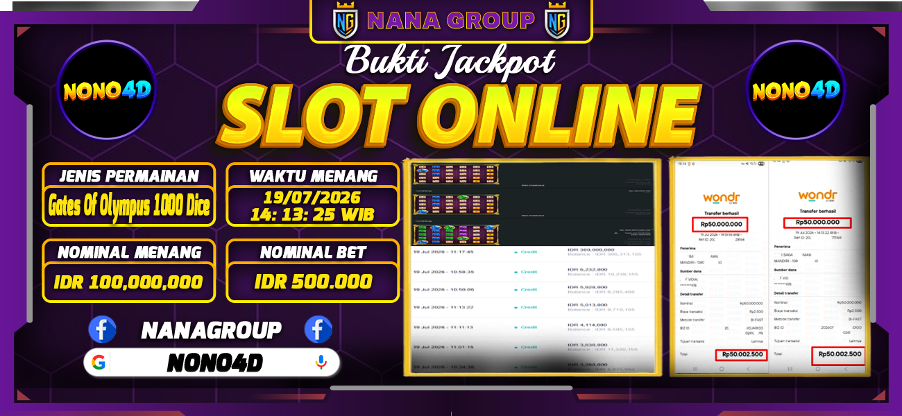 Bukti Kemenangan Besar Dibayar lunas Member NONO4D RP 100.000.000, 19 Juli 2026