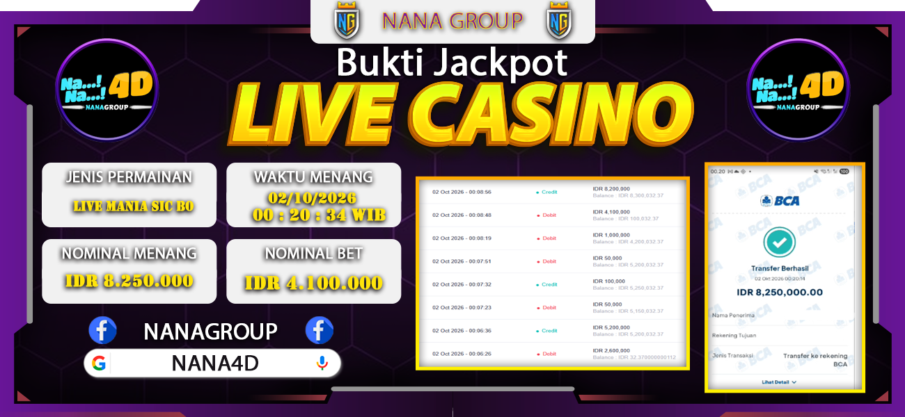 Bukti Kemenangan Besar Dibayar lunas Member NANA4D RP 8.250.000, 2 Oktober 2026