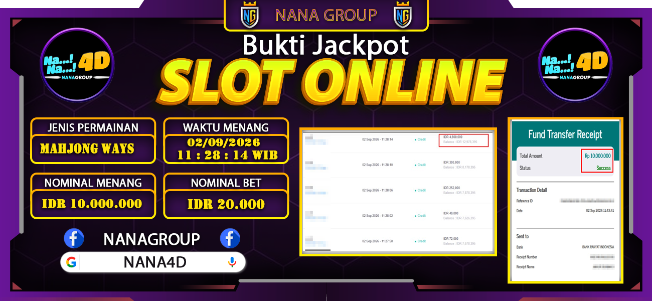 Bukti Kemenangan Besar Dibayar lunas Member NANA4D RP 10.000.000, 2 September 2026