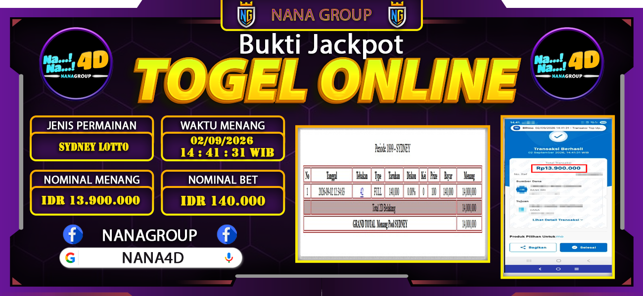 Bukti Kemenangan Besar Dibayar lunas Member NANA4D RP 13.900.000, 2 September 2026