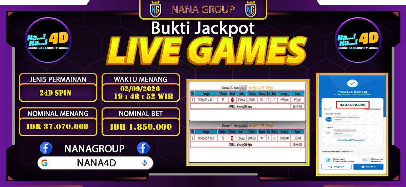 Bukti Kemenangan Besar Dibayar lunas Member NANA4D RP 37.070.000, 2 September 2026