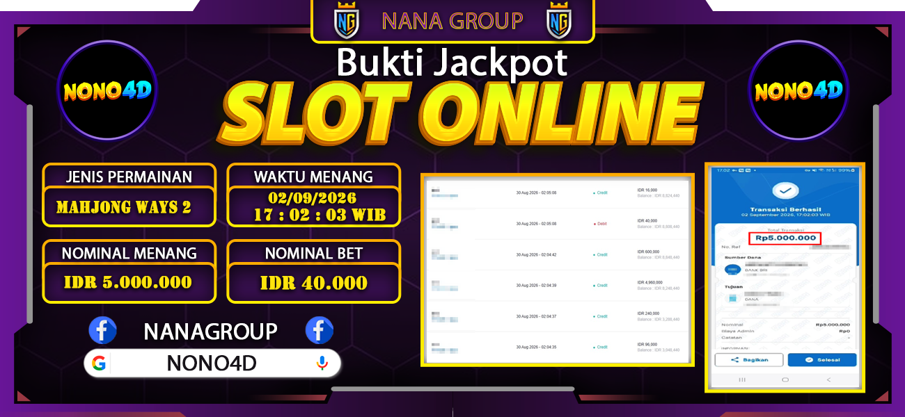 Bukti Kemenangan Besar Dibayar lunas Member NONO4D RP 5.000.000, 2 September 2026
