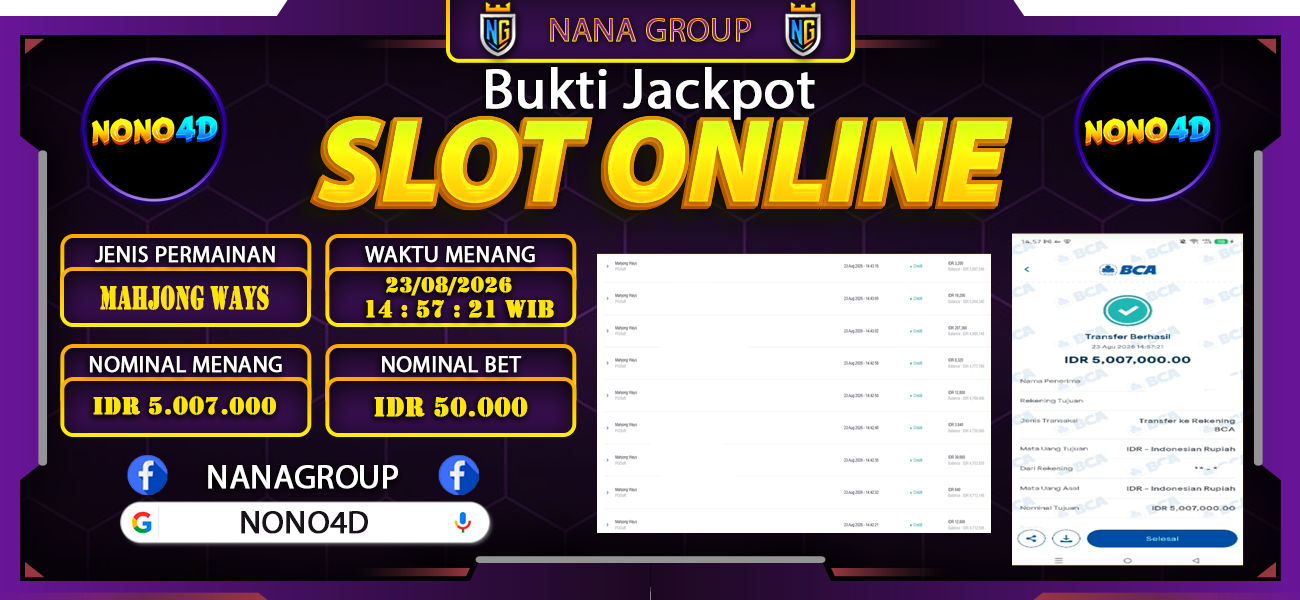 Bukti Kemenangan Besar Dibayar lunas Member NONO4D RP 5.007.000, 23 Agustus 2026