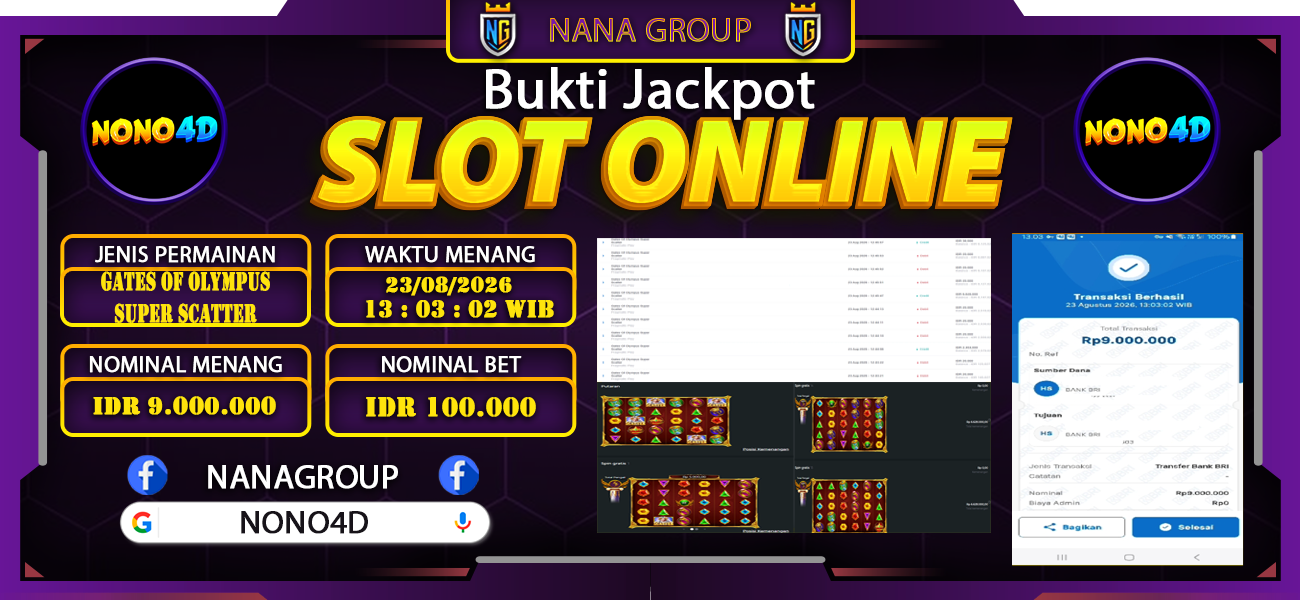 Bukti Kemenangan Besar Dibayar lunas Member NONO4D RP 9.000.000, 23 Agustus 2026