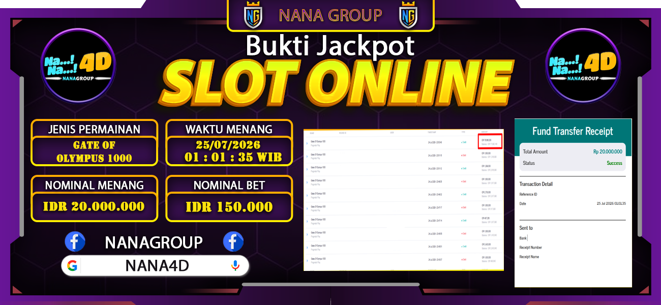 Bukti Kemenangan Besar Dibayar lunas Member NANA4D RP 20.000.000, 25 Juli 2026