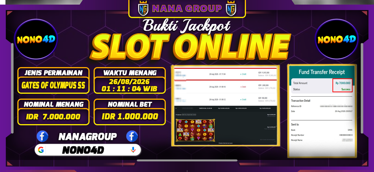 Bukti Kemenangan Besar Dibayar lunas Member NONO4D RP 7.000.000, 26 Agustus 2026