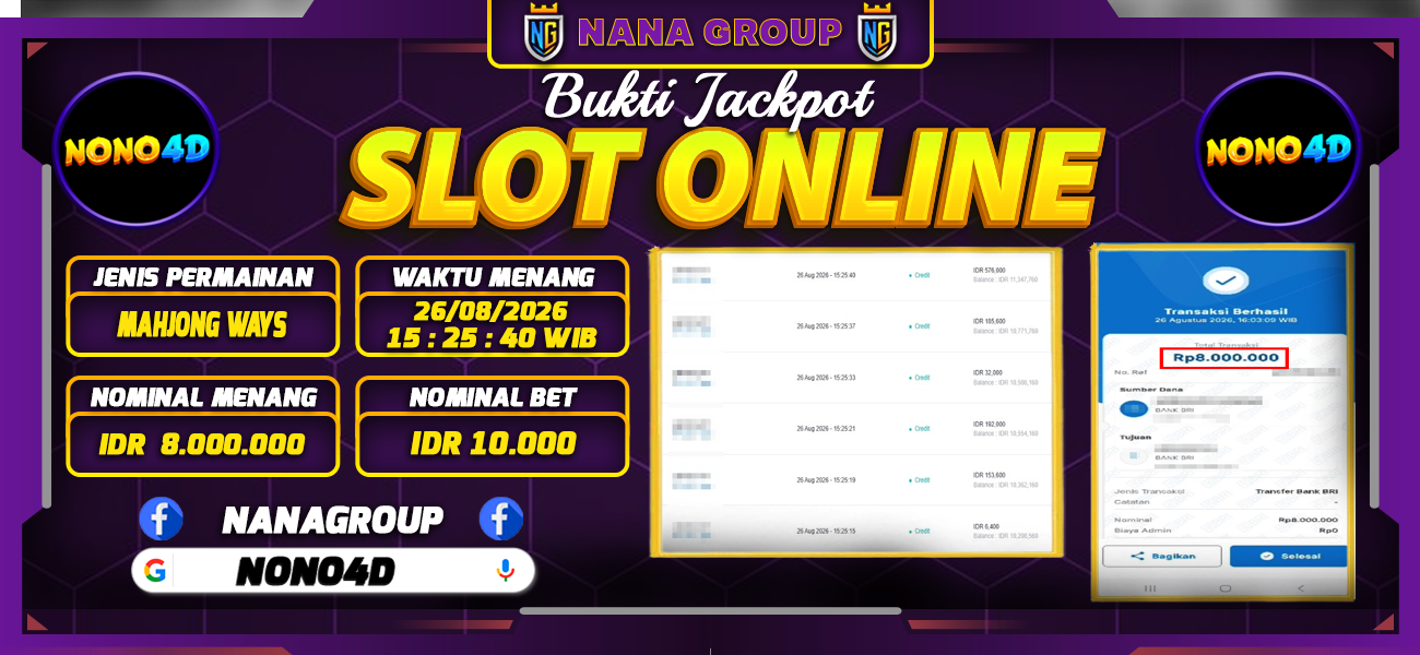 Bukti Kemenangan Besar Dibayar lunas Member NONO4D RP 8.000.000, 26 Agustus 2026