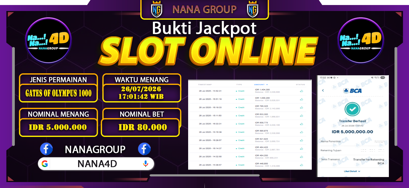 Bukti Kemenangan Besar Dibayar lunas Member NANA4D RP 5.000.000, 26 Juli 2026