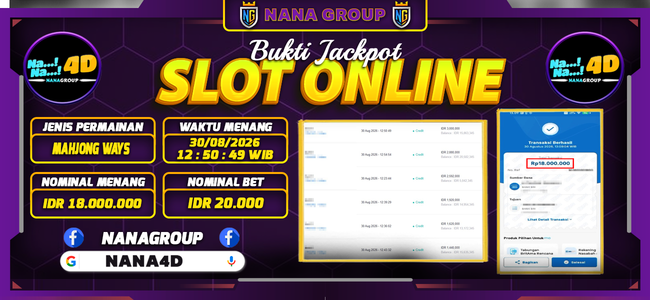 Bukti Kemenangan Besar Dibayar lunas Member NANA4D RP 18.000.000, 30 Agustus 2026