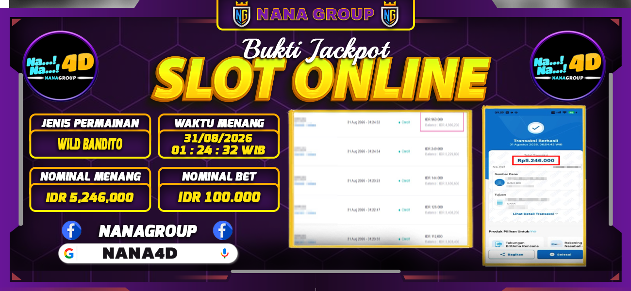 Bukti Kemenangan Besar Dibayar lunas Member NANA4D RP 5.246.000, 31 Agustus 2026