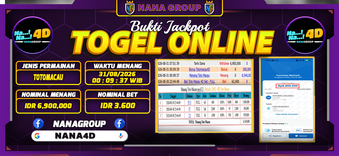 Bukti Kemenangan Besar Dibayar lunas Member NANA4D RP 6.900.000, 31 Agustus 2026