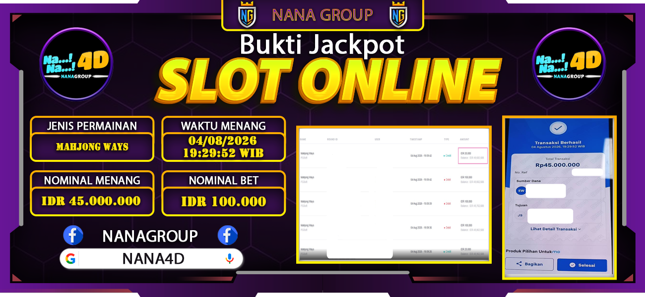 Bukti Kemenangan Besar Dibayar lunas Member NANA4D RP 45.000.000, 4 Agustus 2026