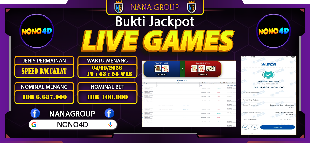 Bukti Kemenangan Besar Dibayar lunas Member NONO4D RP 6.637.000, 4 September 2026