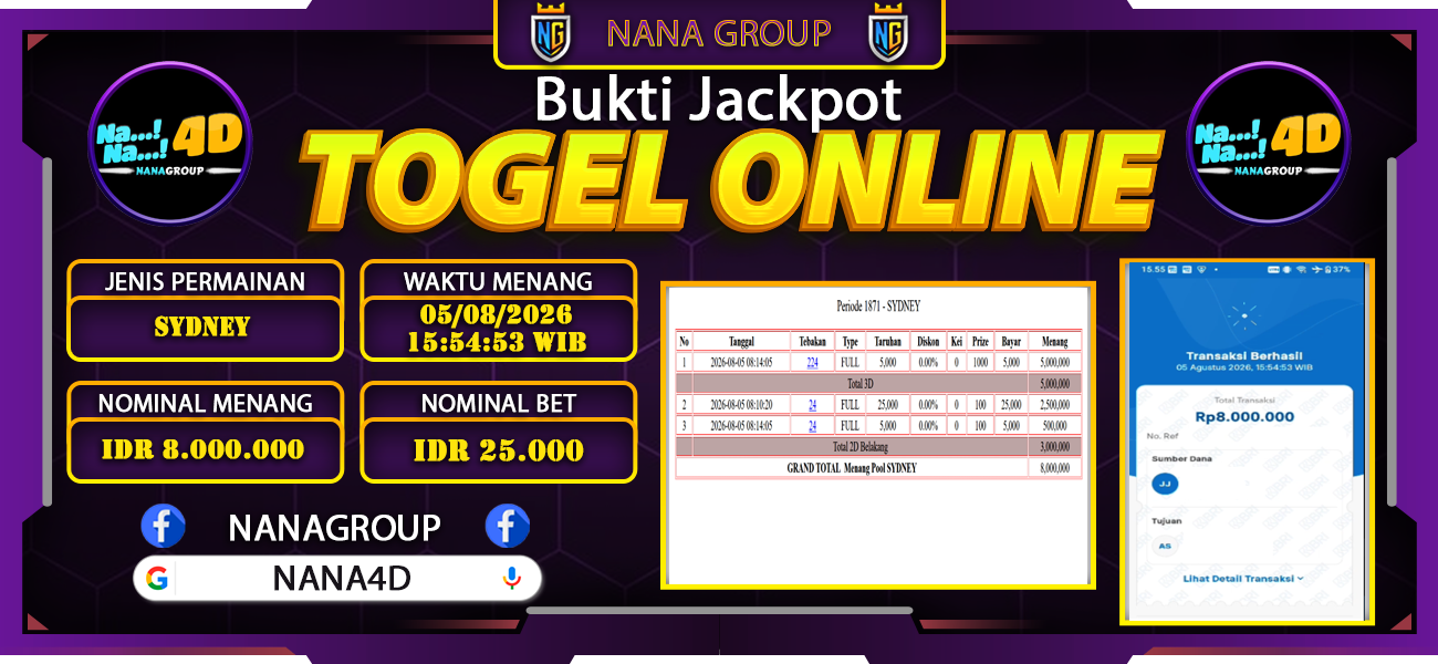 Bukti Kemenangan Besar Dibayar lunas Member NANA4D RP 8.000.000, 5 Agustus 2026