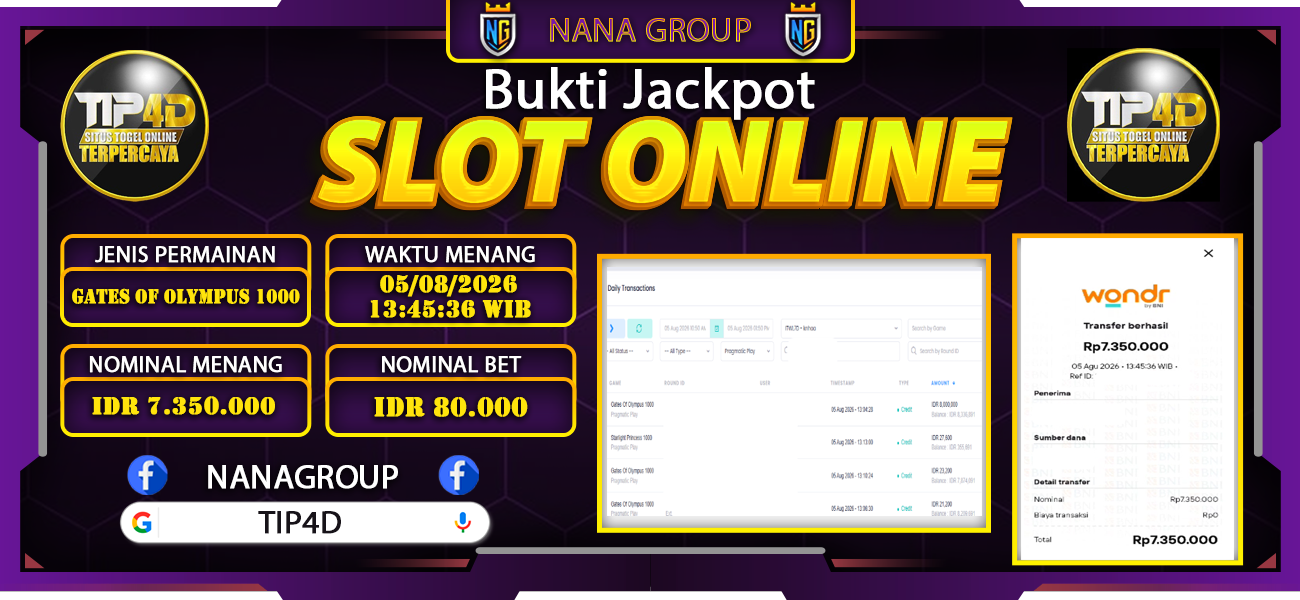 Bukti Kemenangan Besar Dibayar lunas Member TIP4D RP 7.350.000, 5 Agustus 2026