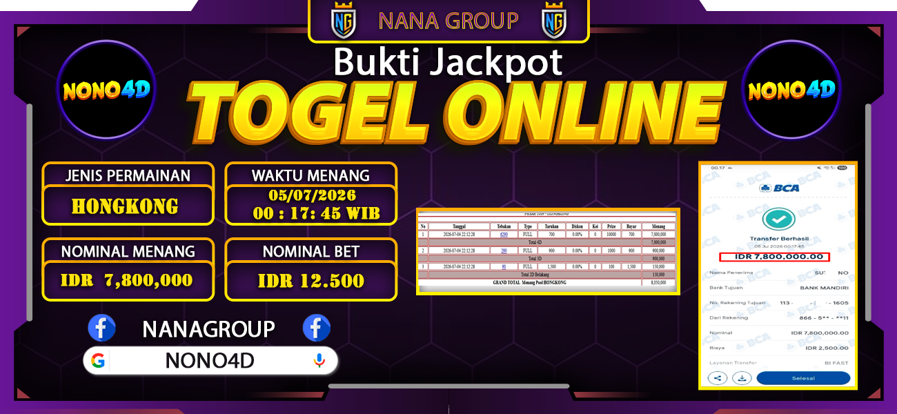 Bukti Kemenangan Besar Dibayar lunas Member NANA4D RP 7.800.000, 5 Juli 2026