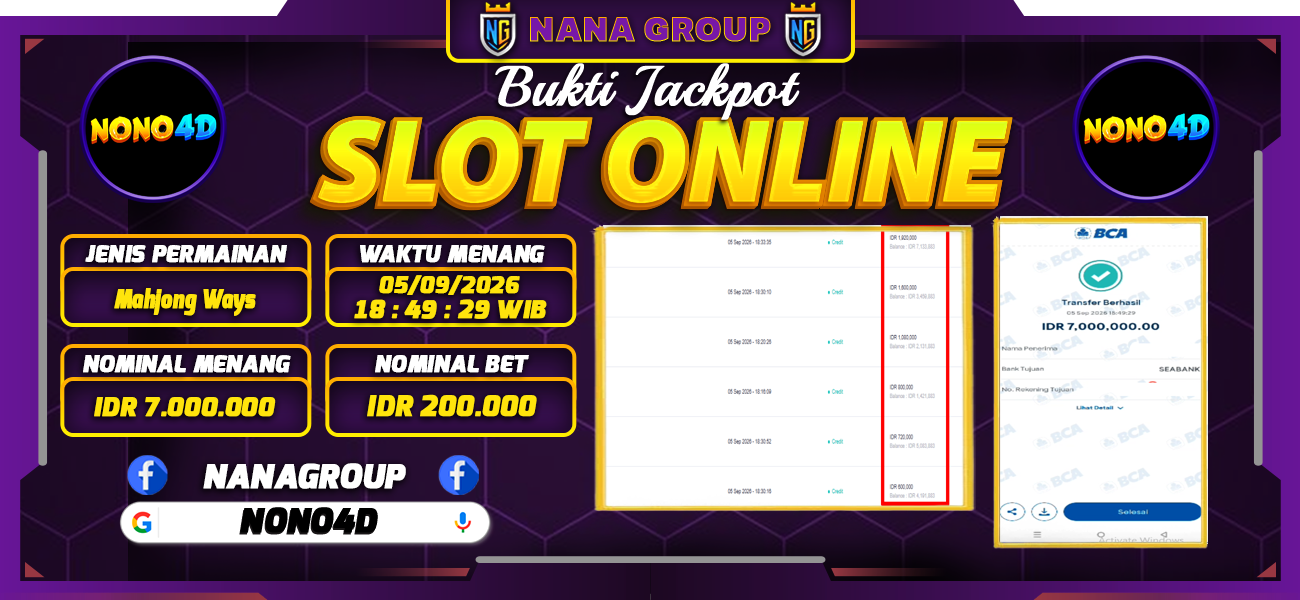 Bukti Kemenangan Besar Dibayar lunas Member NONO4D RP 7.000.000, 5 September 2026