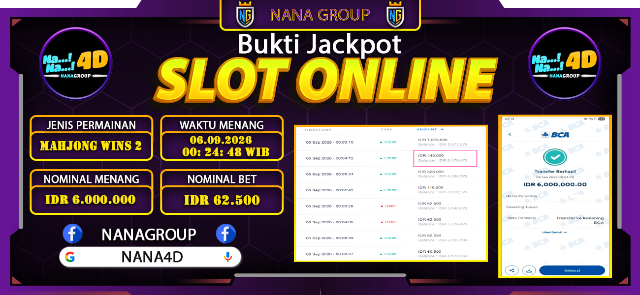 Bukti Kemenangan Besar Dibayar lunas Member NANA4D RP 6.000.000, 6 September 2026