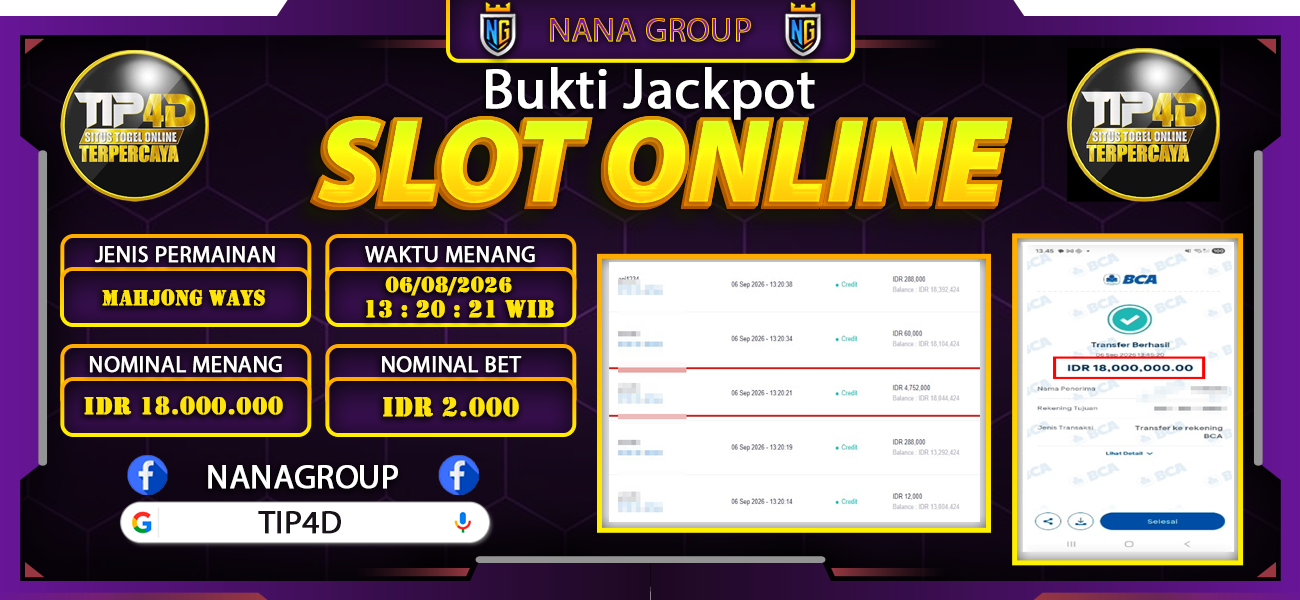 Bukti Kemenangan Besar Dibayar lunas Member TIP4D RP 18.000.000, 6 September 2026