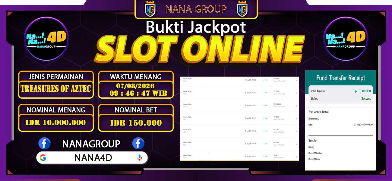 Bukti Kemenangan Besar Dibayar lunas Member NANA4D RP 10.000.000, 7 Agustus 2026