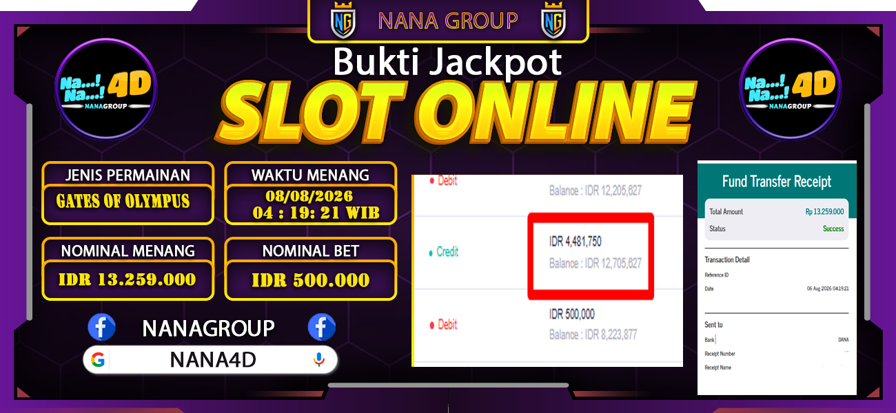 Bukti Kemenangan Besar Dibayar lunas Member NANA4D RP 13.259.000, 8 Agustus 2026