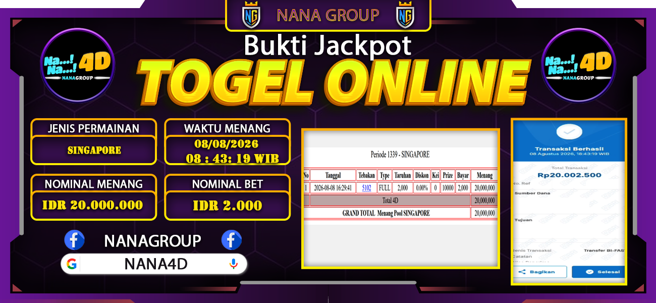 Bukti Kemenangan Besar Dibayar lunas Member NANA4D RP 20.000.000, 8 Agustus 2026