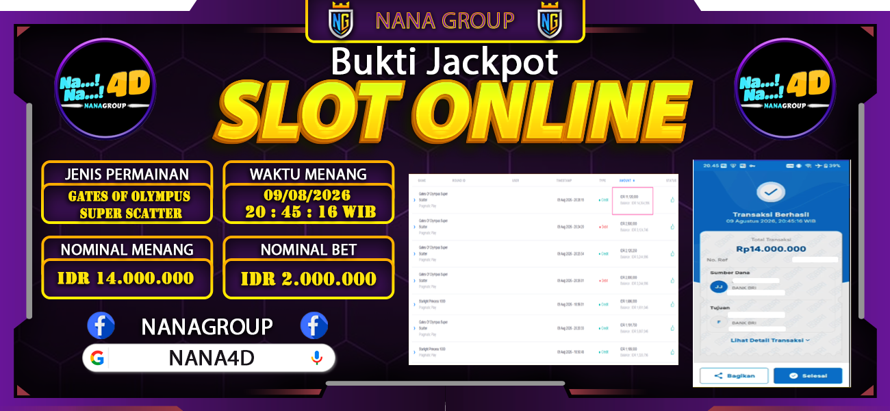 Bukti Kemenangan Besar Dibayar lunas Member NANA4D RP 14.000.000, 9 Agustus 2026