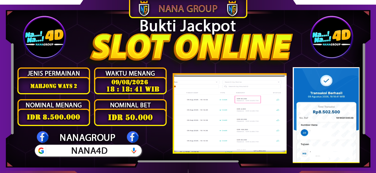 Bukti Kemenangan Besar Dibayar lunas Member NANA4D RP 8.500.000, 9 Agustus 2026