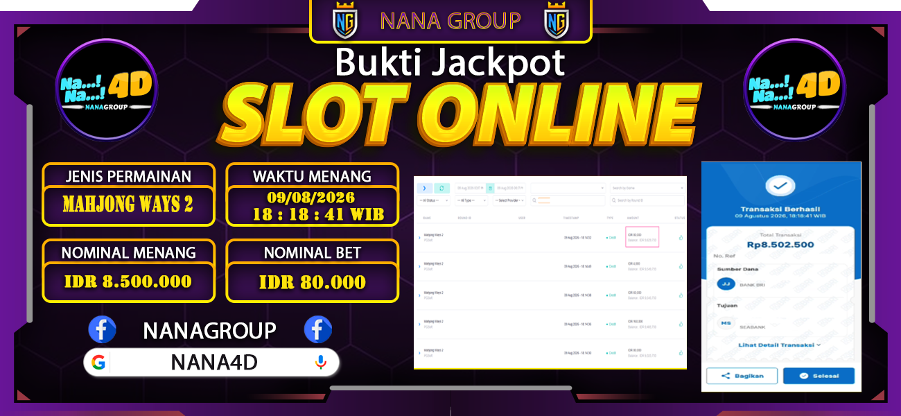 Bukti Kemenangan Besar Dibayar lunas Member NANA4D RP 8.500.000, 9 Agustus 2026