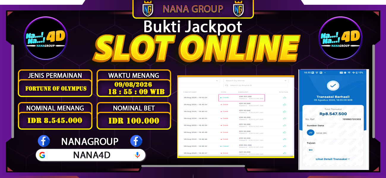 Bukti Kemenangan Besar Dibayar lunas Member NANA4D RP 8.545.000, 9 Agustus 2026