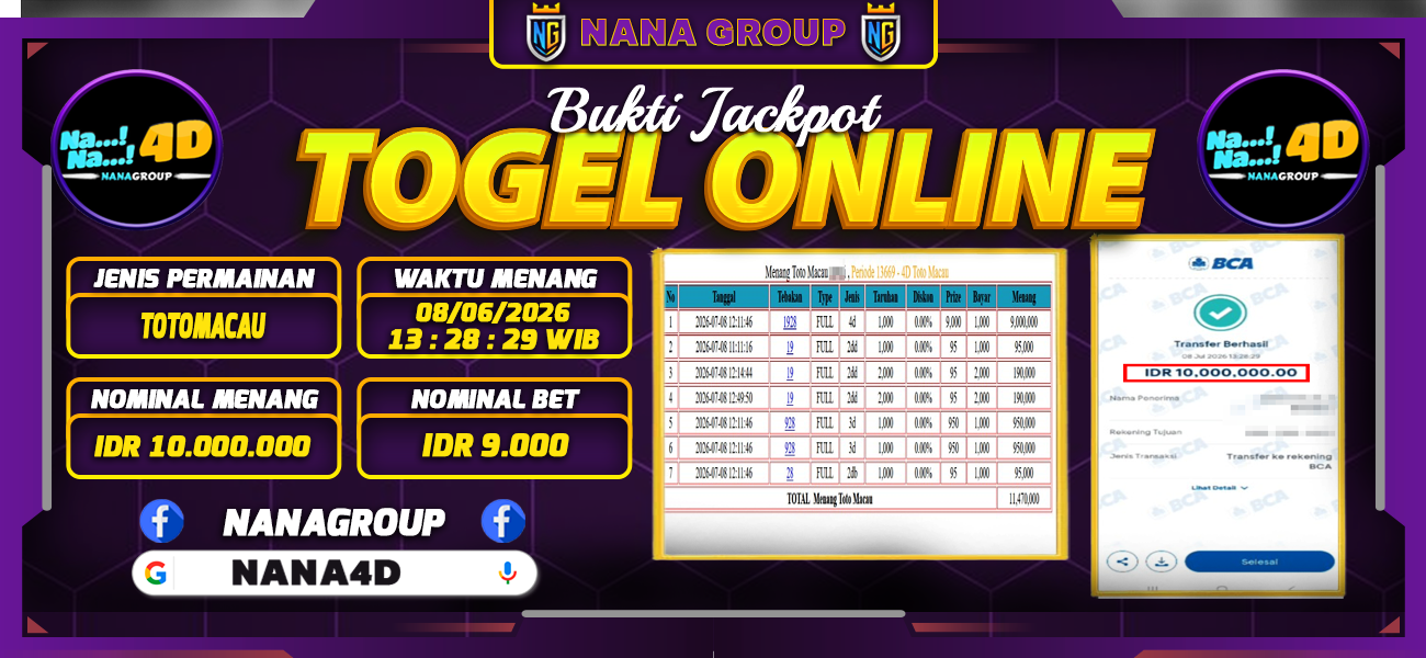Bukti Kemenangan Besar Dibayar lunas Member NANA4D RP 10.000.000, 9 Juli 2026