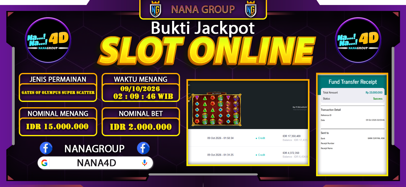 Bukti Kemenangan Besar Dibayar lunas Member NANA4D RP 15.000.000, 9 Oktober 2026